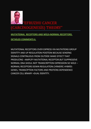 “EFRUZHU CANCER
(CARCİNOGENESİS) THEORY”
MUTATİONAL RECEPTORS AND WİLD=NORMAL RECEPTORS.

DETAİLED COMMENTS 6.



MUTATİONAL RECEPTORS OVER EXPRESS VİA MUTATİONS GROUP
İDENTİTY AND UP REGULATİON POSİTİON BECAUSE SENDİNG
SİGNALS CONTİNUOUS FROM OUTSİDE MAKE EFFECT THAT
PRODUCİNG –AMPLİFY MUTATİONAL RECEPTOR.BUT SUPPRESSİVE
NORMAL DNA SHOUL NOT TRANSCRİPTİON EXPRESSİON SO WİLD –
NORMAL RECEPTORS DOWN REGULATİON.CHİMERİC-HYBRİD:
GENES, TRANSCİPTİON FACTORS AND PROTEİNS DEPENDENCE
CANCER CELL BİNARY =DUAL İDENTİTY.
 