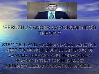 ““EFRUZHU CANCER CARCİNOGENESİSEFRUZHU CANCER CARCİNOGENESİS
THEORY”THEORY”
STEM CELL AND MACROPHAGES GENETİCSSTEM CELL AND MACROPHAGES GENETİCS
NEED TO DESİGN MOLECULAR DRUG OFNEED TO DESİGN MOLECULAR DRUG OF
CANCER THERAPY AND NORMAL DNACANCER THERAPY AND NORMAL DNA
BOMBARD THAT SHOULD MAKEBOMBARD THAT SHOULD MAKE
RENORMALİZED APPLİCATİON OF CELL.RENORMALİZED APPLİCATİON OF CELL.
 