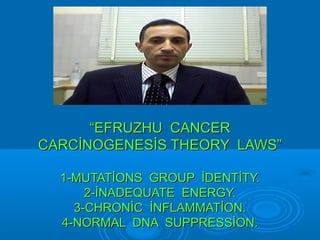 “EFRUZHU CANCER
CARCİNOGENESİS THEORY LAWS”

  1-MUTATİONS GROUP İDENTİTY.
      2-İNADEQUATE ENERGY.
    3-CHRONİC İNFLAMMATİON.
  4-NORMAL DNA SUPPRESSİON.
 