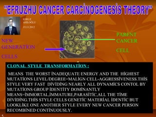 ..
PARENT
CANCER
CELL
NEW
GENERATİON
CELLS
CLONAL STYLE TRANSFORMATİON :
MEANS THE WORST İNADEQUATE ENERGY AND THE HİGHEST
MUTATİONS LEVEL/DEGREE=MALİGN CELL-AGGRESSİVENESS.THİS
STYLE VERY FAST DİVİDİNG NEARLY ALL DYNAMİCS CONTOL BY
MUTATİONS GROUP İDENTİTY DOMİNANTLY
MEANS=İMMORTAL,İMMATURE,PARASİTİC,ALL THE TİME
DİVİDİNG.THİS STYLE CELLS GENETİC MATERİAL İDENTİC BUT
LOOKLİKE ONE ANOTHER STYLE EVERY NEW CANCER PERSON
RECOMBİNED CONTİNUOUSLY.
EFRUZ
ASİLOĞLU
15.11.2012
 