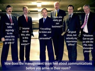 “does she
really get
“the guy
talks
regularly
to me
about this
still so I’ll
go with it”

our

“anyone
can do
this, who
is this
timewaster?”

“I’m willing
to listen and
be
persuaded”

business?”
“all good
ideas, but
actually my
experience
differs”

“Whatever.
Can we get
on with the
P&L risks
discussion
please”

How does the management team feel about communications
before you arrive in their room?

 