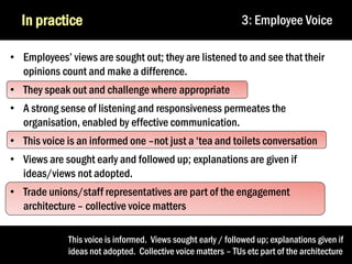 In practice

3: Employee Voice

• Employees’ views are sought out; they are listened to and see that their
opinions count and make a difference.
• They speak out and challenge where appropriate
• A strong sense of listening and responsiveness permeates the
organisation, enabled by effective communication.
• This voice is an informed one –not just a ‘tea and toilets conversation
• Views are sought early and followed up; explanations are given if
ideas/views not adopted.
• Trade unions/staff representatives are part of the engagement
architecture – collective voice matters
This voice is informed. Views sought early / followed up; explanations given if
ideas not adopted. Collective voice matters – TUs etc part of the architecture
39

 