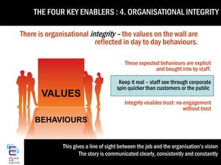 Four Key Enablers ENABLERS : 4. ORGANISATIONAL INTEGRITY
THE FOUR KEY
4: Organisational Integrity

There is organisational integrity – the values on the wall are
reflected in day to day behaviours.
These expected behaviours are explicit
and bought into by staff.
Keep it real – staff see through corporate
spin quicker than customers or the public.
Integrity enables trust: no engagement
without trust

This gives a line of sight between the job and the organisation’s vision
The story is communicated clearly, consistently and constantly

 