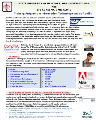 For those individuals who are motivated and strive hard to sufficiently and constantly improve their skill levels and acquire new ones, the job-market is wide open with huge opportunities. As career and wage growth always depend on high performance and accomplishment of set objectives within the given resources, constant refurbishing of skill-sets is a must. It is surveyed that more than a million opportunities are available in the IT sector to the skilled lot. Added to this a new model is now emerging in the Knowledge Economy and Services Sector. Corporates have begun hiring personnel those without even a college degree, but meet the required skill matrix. This gives a huge opportunity in the Knowledge and Services Sector provided students, job-seekers, and working professionals equip themselves with the required new skill-sets which are aligned to new trends in technology. 
To bridge the skill gaps, & to provide training opportunities on affordable terms, The EFS Academy, The State University of New York, & The NEF University, USA have teamed-up to impart the required skills through high quality training programs on virtual platform followed by the required evaluation/ certification, supported by scholarships from Appuji Foundation. 
1. IT SKILLS:- 
1,200 course offerings are divided into the following Solution Areas and address over 100 technical certifications sought by IT professionals and enterprises providing technical products and services to their customers. Participants have the choice of choosing the courses of their interest and utility. 
2. OFFICE-PRODUCTIVITY IT SKILLS, END USER CERTIFICATIONS:- 
About 500 Desktop Skills (Office Productivity IT Skills) courseware titles are for students, Job- seekers, and working professionals who rely upon desktop, laptop applications such as Microsoft Office, Crystal Reports, Adobe Acrobat, SAP end user. These desktop solutions skill sets are ideal for day-to-day performance support, as well as supporting software migrations. In addition, these Skills Courseware Collection support over 12 popular end user certifications including ECDL/ICDL and many Microsoft MOS certification exams. . 
STATE UNIVERSITY OF NEW YORK; NEF UNIVERSITY, USA 
And 
EFS ACADEMY, BANGALORE 
Training Programs in Information Technology and Soft Skills 
COURSES: 
• Software Development 
• Internet and Network Technologies 
• Web-design 
• OS and Server Technologies 
• Enterprise Database Systems 
• Project Effectiveness and Analytics 
• Cloud, Big Data 
CERTIFICATIONS: 
• MICROSOFT 
• ORACLE 
• ADOBE 
• CISCO 
• CompTIA 
• ISC (2) 
• Linux Professional Institute 
• Adobe Products like Acrobat 9, Dreamweaver CS5, Flash CS5, Indesign CS5, Photoshop CS5, Illustrator CS4 etc. 
• Microsoft Products like Office 2013, Live meeting, Sharepoint, MS Project, MS Excel, Advanced Access, Visio, etc. 
• SAP products like SAP for Project Teams, QuickBooks Pro 2009, Business Objects BI, SAP Business One, SAP Business Suite 7 for End Users.  