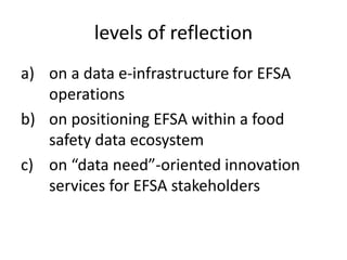 levels of reflection
a) on a data e-infrastructure for EFSA
operations
b) on positioning EFSA within a food
safety data ec...