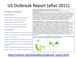 US Outbreak Report (after 2011)
http://cspinet.org/foodsafety/outbreak_report.html
 