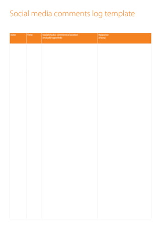 Date: Time: Social media comment & location
(include hyperlink)
Response
(if any)
Social media comments log template
 