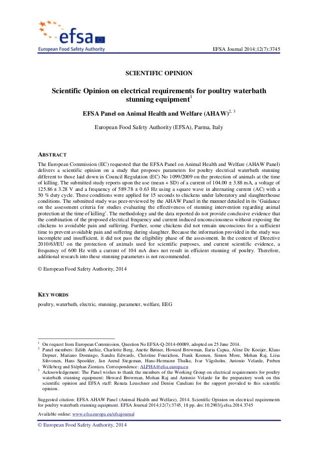 EFSA Opinion on electrical requirements for poultry waterbath stunnin…