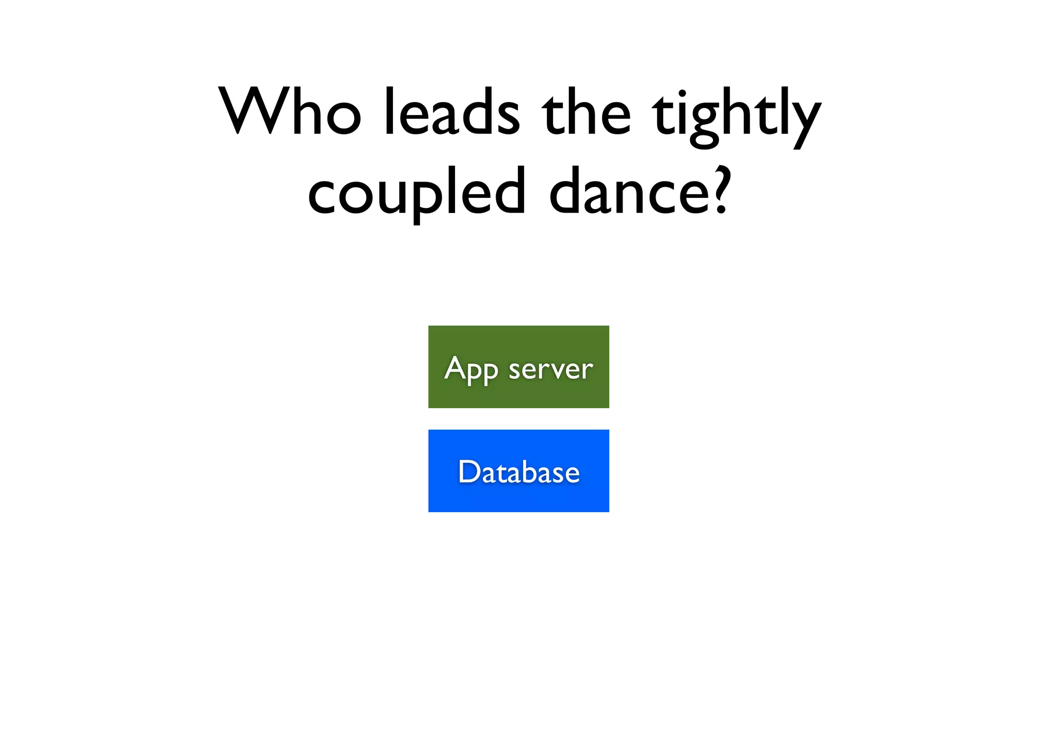 Who leads the tightly
 coupled dance?

       App server


        Database
 
