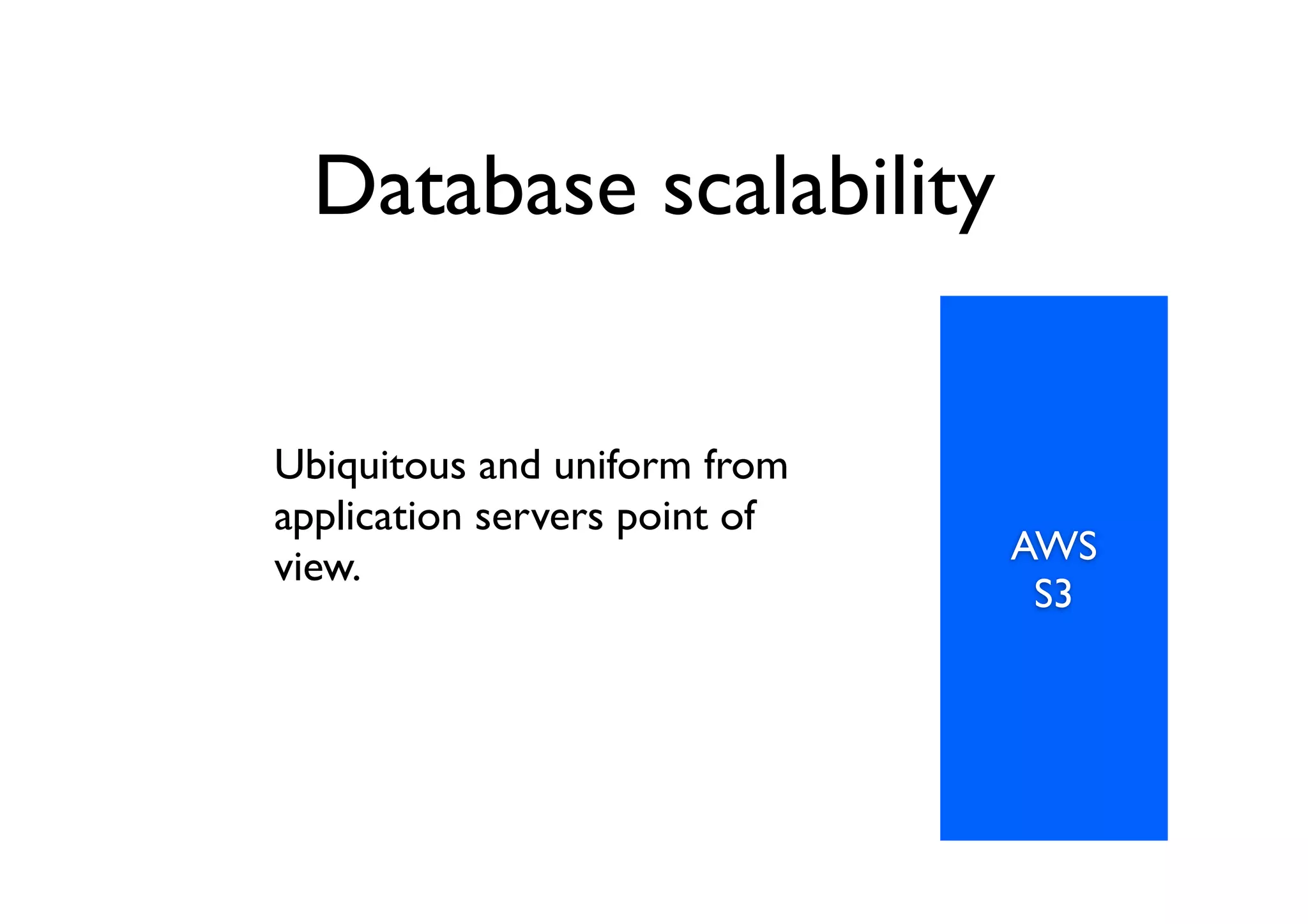 Database scalability


Ubiquitous and uniform from
application servers point of
view.                          AWS
                                S3
 