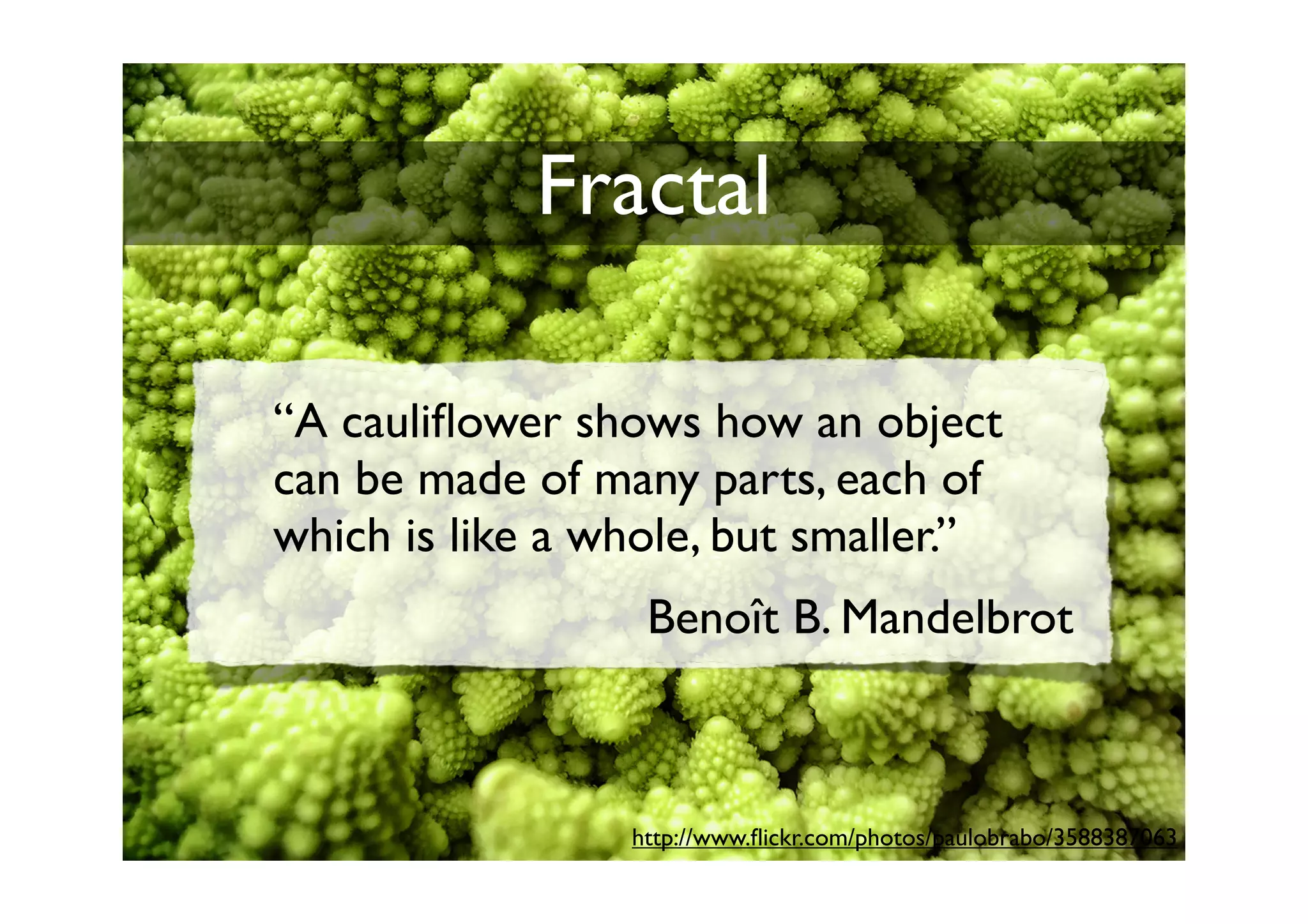 Fractal

“A cauliﬂower shows how an object
can be made of many parts, each of
which is like a whole, but smaller.”
                  Benoît B. Mandelbrot



                 http://www.ﬂickr.com/photos/paulobrabo/3588387063
 