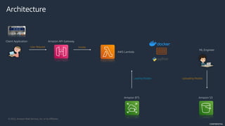 © 2022, Amazon Web Services, Inc. or its Affiliates.
CONFIDENTIAL
Amazon API Gateway
Client Application
AWS Lambda
User Request Invoke
Architecture
Amazon EFS
Loading Models
Amazon S3
Uploading Models
ML Engineer
 