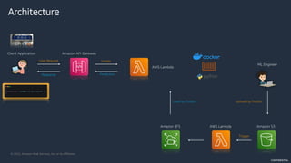 © 2022, Amazon Web Services, Inc. or its Affiliates.
CONFIDENTIAL
Amazon API Gateway
Client Application
AWS Lambda
User Request Invoke
Architecture
Amazon EFS
Loading Models
Amazon S3
Uploading Models
ML Engineer
AWS Lambda
Trigger
Response Prediction
 
