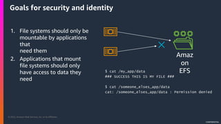© 2022, Amazon Web Services, Inc. or its Affiliates.
CONFIDENTIAL
Goals for security and identity
1. File systems should only be
mountable by applications
that
need them
2. Applications that mount
file systems should only
have access to data they
need
Amaz
on
EFS
$ cat /my_app/data
### SUCCESS THIS IS MY FILE ###
$ cat /someone_elses_app/data
cat: /someone_elses_app/data : Permission denied
 