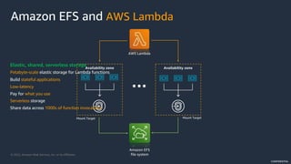 © 2022, Amazon Web Services, Inc. or its Affiliates.
CONFIDENTIAL
Availability zone Availability zone
AWS Lambda
Mount Target
Mount Target
Amazon EFS
file system
Elastic, shared, serverless storage
Petabyte-scale elastic storage for Lambda functions
Build stateful applications
Low-latency
Pay for what you use
Serverless storage
Share data across 1000s of function invocations
Amazon EFS and AWS Lambda
 