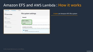 © 2022, Amazon Web Services, Inc. or its Affiliates.
CONFIDENTIAL
Amazon EFS and AWS Lambda : How it works
Create an Amazon EFS file system
 