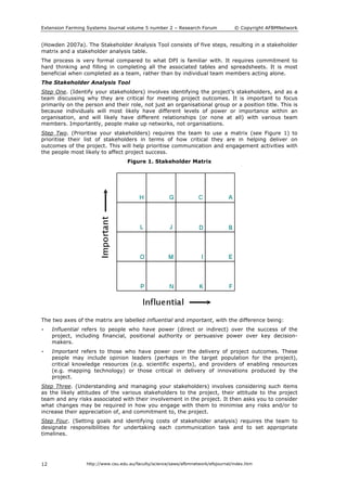 Extension Farming Systems Journal volume 5 number 2 – Research Forum © Copyright AFBMNetwork
http://www.csu.edu.au/faculty/science/saws/afbmnetwork/efsjournal/index.htm12
(Howden 2007a). The Stakeholder Analysis Tool consists of five steps, resulting in a stakeholder
matrix and a stakeholder analysis table.
The process is very formal compared to what DPI is familiar with. It requires commitment to
hard thinking and filling in completing all the associated tables and spreadsheets. It is most
beneficial when completed as a team, rather than by individual team members acting alone.
The Stakeholder Analysis Tool
Step One. (Identify your stakeholders) involves identifying the project’s stakeholders, and as a
team discussing why they are critical for meeting project outcomes. It is important to focus
primarily on the person and their role, not just an organisational group or a position title. This is
because individuals will most likely have different levels of power or importance within an
organisation, and will likely have different relationships (or none at all) with various team
members. Importantly, people make up networks, not organisations.
Step Two. (Prioritise your stakeholders) requires the team to use a matrix (see Figure 1) to
prioritise their list of stakeholders in terms of how critical they are in helping deliver on
outcomes of the project. This will help prioritise communication and engagement activities with
the people most likely to affect project success.
Figure 1. Stakeholder Matrix
The two axes of the matrix are labelled influential and important, with the difference being:
• Influential refers to people who have power (direct or indirect) over the success of the
project, including financial, positional authority or persuasive power over key decision-
makers.
• Important refers to those who have power over the delivery of project outcomes. These
people may include opinion leaders (perhaps in the target population for the project),
critical knowledge resources (e.g. scientific experts), and providers of enabling resources
(e.g. mapping technology) or those critical in delivery of innovations produced by the
project.
Step Three. (Understanding and managing your stakeholders) involves considering such items
as the likely attitudes of the various stakeholders to the project, their attitude to the project
team and any risks associated with their involvement in the project. It then asks you to consider
what changes may be required in how you engage with them to minimise any risks and/or to
increase their appreciation of, and commitment to, the project.
Step Four. (Setting goals and identifying costs of stakeholder analysis) requires the team to
designate responsibilities for undertaking each communication task and to set appropriate
timelines.
 