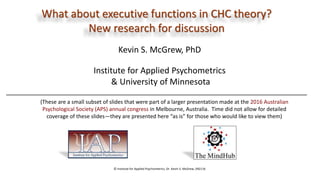 What about executive functions in CHC theory?
New research for discussion
Kevin S. McGrew, PhD
Institute for Applied Psychometrics
& University of Minnesota
© Institute for Applied Psychometrics, Dr. Kevin S. McGrew, 092116
(These are a small subset of slides that were part of a larger presentation made at the 2016 Australian
Psychological Society (APS) annual congress in Melbourne, Australia. Time did not allow for detailed
coverage of these slides—they are presented here “as is” for those who would like to view them)
 