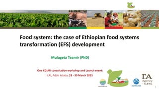 1
Food system: the case of Ethiopian food systems
transformation (EFS) development
Mulugeta Teamir (PhD)
One CGIAR consultation workshop and Launch event:
ILRI, Addis Ababa, 29 - 30 March 2023
 