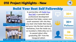 In partnership with Build Your
Best Self, a personal and
professional development
movement that helps women and
youth reconnect with who they
are, heal what holds them back,
and grow into the best version of
themselves, from the inside out,
we launched a fellowship now in
its second cohort after
graduating 20+ from the
inaugural cohort.
Build Your Best Self Fellowship
2025 Annual Report | Excellence Foundation for South Sudan | Sharing Our Success Stories - Making a Difference Every Year
Project Highlights - New
010
First Cohort of the Build Your Best Self Fellowship pose
for a group photo after graduation
Four fellows pose for a photo with their mentor
20+
Virtual sessions
20+
Fellows
06
Volunteer
Mentors
 