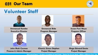 Volunteer Staff
2025 Annual Report | Excellence Foundation for South Sudan | Sharing Our Success Stories - Making a Difference Every Year
Our Team
Emmanuel Karaba
Executive Director
Emmanuel Bida
Program Manager
Susan Poni Waya
Program Officer
John Muki Cosmas
Finance & Admin Manager
Khemis Simon Stephen
Project Manager
Moga Edward Eresto
Project Manager
031
 