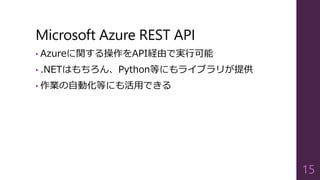 Microsoft Azure REST API
• Azureに関する操作をAPI経由で実行可能
• .NETはもちろん、Python等にもライブラリが提供
• 作業の自動化等にも活用できる
15
 