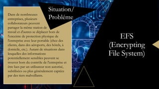 EFS
(Encrypting
File System)
Situation/
Probléme
Dans de nombreuses
entreprises, plusieurs
collaborateurs peuvent
partager la même station de
travail et d'autres se déplacer hors de
l'enceinte de protection physique de
l'entreprise avec leur portable (chez des
clients, dans des aéroports, des hôtels, à
domicile, etc.). Autant de situations dans
lesquelles des informations
potentiellement sensibles peuvent se
trouver hors du contrôle de l'entreprise et
être lues par un utilisateur non autorisé,
subtilisées ou plus généralement captées
par des tiers malveillants.
 