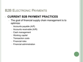 B2B ELECTRONIC PAYMENTS
• CURRENT B2B PAYMENT PRACTICES
– The goal of financial supply chain management is to
optimize:
• Accounts payable (A/P)
• Accounts receivable (A/R)
• Cash management
• Working capital
• Transaction costs
• Financial risks
• Financial administration
 
