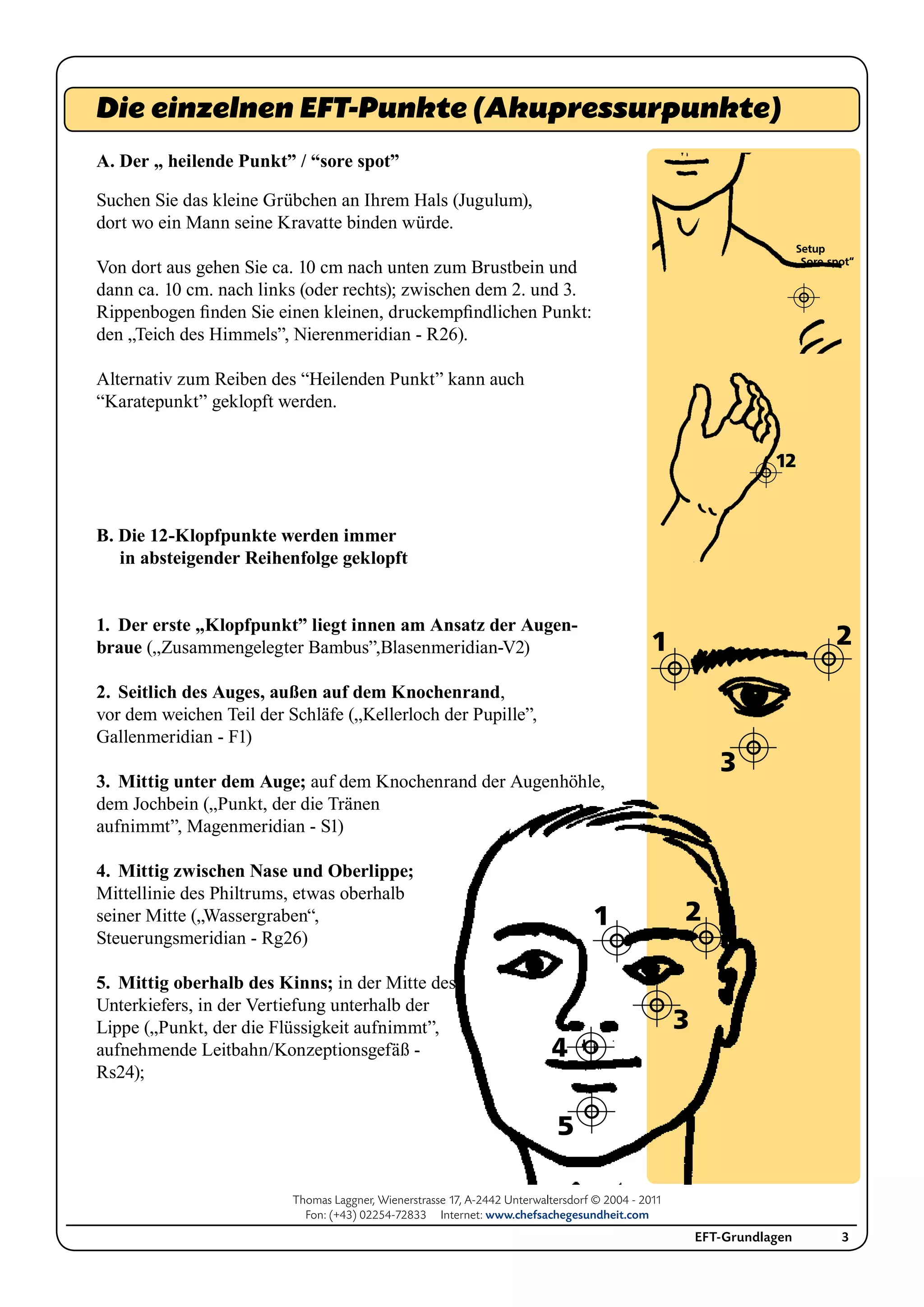 Thomas Laggner, Wienerstrasse 17, A-2442 Unterwaltersdorf © 2004 - 2011
Fon: (+43) 02254-72833 Internet: www.chefsachegesundheit.com
EFT-Grundlagen 3
A. Der „ heilende Punkt” / “sore spot”
Suchen Sie das kleine Grübchen an Ihrem Hals (Jugulum),
dort wo ein Mann seine Kravatte binden würde.
Von dort aus gehen Sie ca. 10 cm nach unten zum Brustbein und
dann ca. 10 cm. nach links (oder rechts); zwischen dem 2. und 3.
Rippenbogen finden Sie einen kleinen, druckempfindlichen Punkt:
den „Teich des Himmels”, Nierenmeridian - R26).
Alternativ zum Reiben des “Heilenden Punkt” kann auch
“Karatepunkt” geklopft werden.
B. Die 12-Klopfpunkte werden immer
in absteigender Reihenfolge geklopft
1. 	Der erste „Klopfpunkt” liegt innen am Ansatz der Augen-
braue („Zusammengelegter Bambus”,Blasenmeridian-V2)
2.	 Seitlich des Auges, außen auf dem Knochenrand,
vor dem weichen Teil der Schläfe („Kellerloch der Pupille”,
Gallenmeridian - F1)
3. 	Mittig unter dem Auge; auf dem Knochenrand der Augenhöhle,
dem Jochbein („Punkt, der die Tränen
aufnimmt”, Magenmeridian - S1)
4. 	Mittig zwischen Nase und Oberlippe;
Mittellinie des Philtrums, etwas oberhalb
seiner Mitte („Wassergraben“,
Steuerungsmeridian - Rg26)
5. 	Mittig oberhalb des Kinns; in der Mitte des
Unterkiefers, in der Vertiefung unterhalb der
Lippe („Punkt, der die Flüssigkeit aufnimmt”,
aufnehmende Leitbahn/Konzeptionsgefäß -
Rs24);
Die einzelnen EFT-Punkte (Akupressurpunkte)
Setup
„Sore spot“
12
1
3
2
5
4
2
3
1
 