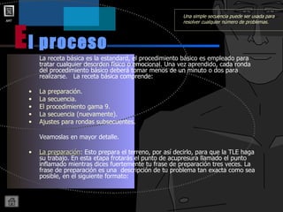 l proceso La receta básica es la estandard, el procedimiento básico es empleado para tratar cualquier desorden físico o emocional. Una vez aprendido, cada ronda del procedimiento básico deberá tomar menos de un minuto o dos para realizarse.  La receta básica comprende:  La preparación. La secuencia. El procedimiento gama 9. La secuencia (nuevamente). Ajustes para rondas subsecuentes. Veamoslas en mayor detalle. La preparación :  Esto prepara el terreno, por así decirlo, para que la TLE haga su trabajo. En esta etapa frotarás el punto de acupresura llamado el punto inflamado mientras dices fuertemente tu frase de preparación tres veces. La frase de preparación es una  descripción de tu problema tan exacta como sea posible, en el siguiente formato: E Una simple secuencia puede ser usada para resolver cualquier número de problemas. 