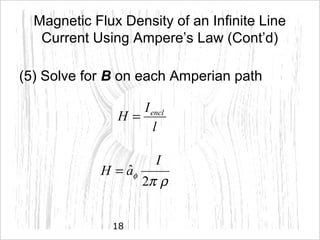 18
Magnetic Flux Density of an Infinite Line
Current Using Ampere’s Law (Cont’d)
(5) Solve for B on each Amperian path
l
I
H encl
=
ρπ
φ
2
ˆ
I
aH =
 
