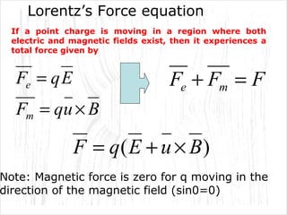 BuqF
EqF
m
e
×=
= FFF me =+
)( BuEqF ×+=
Lorentz’s Force equation
Note: Magnetic force is zero for q moving in the
direction of the magnetic field (sin0=0)
If a point charge is moving in a region where both
electric and magnetic fields exist, then it experiences a
total force given by
 
