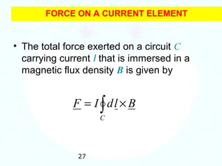 27
FORCE ON A CURRENT ELEMENT
• The total force exerted on a circuit C
carrying current I that is immersed in a
magnetic flux density B is given by
∫ ×=
C
BldIF
 