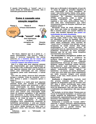 28
É aquela interrupção, o "zzzzzt", que é a
causa direta da confusão emocional. Isto é
ilustrado graficamente abaixo.
Como é causada uma
emoção negativa
Passo 1 Passo 2 Passo 3
O Passo Intermediário
"zzzzzt"
Uma interrupção
no fluxo
energético do Emoção
corpo Negativa
Por favor, observe que se o passo 2 , o
passo intermediário, não ocorrer, então o
passo 3 torna-se impossível. Em outras
palavras...se a memória não for causar uma
interrupção no fluxo energético do corpo, então
a emoção negativa não poderá ocorrer.
Esta é a razão pela qual algumas pessoas
são importunadas por suas lembranças e
outras não o são. A diferença reside no fato de
que algumas pessoas têm uma tendência a
sofrer uma interrupção em seu sistema
energético pelas suas lembranças, e outras
não.
Com isto em mente, torna-se fácil entender
porque o método "trate da memória" erra o
alvo. Enfoca o passo 1 enquanto ignora o
passo 2.
Esta também é a razão pela qual algumas
pessoas ficam pior quando a psicologia
convencional enfoca suas memórias, e não a
causa (interrupção no fluxo energético).
Enfocando o passo 1, solicitando que alguém
reviva intensamente uma lembrança penosa
serve para induzir uma interrupção ainda
maior no sistema energético. E isto significa
mais sofrimento, e não menos. Muitas vezes
pode agravar o problema. Se fosse enfocado o
passo 2, ao invés do passo 1, então não
haveria muito sofrimento. O sistema
energético seria reequilibrado (mediante as
batidinhas apropriadas), e uma paz interior
iria substituir a emoção negativa. O resultado
seria alívio rápido porque se lidou com a
verdadeira causa. Isto acontece amiúde com
EFT.
Voltemos para a "Afirmação da
Descoberta".
Note que a afirmação é abrangente, já que diz
"A causa de todas as emoções negativas é
uma interrupção no fluxo energético do
corpo." Isto inclui medos, fobias, raiva, pesar,
ansiedade, depressão, memórias traumáticas,
transtorno de estresse pós-traumático
(PTSD), preocupação, culpa e todas as
emoções restritivas nos esportes, nos
negócios e nas artes performáticas. Esta é
uma lista bem compreensiva que cobre
virtualmente todas as emoções restritivas que
podemos sentir.
Afirmando ainda de modo diferente, isto
quer dizer que todas as emoções negativas
têm a mesma causa...um "zzzzzt" elétrico no
corpo. Isto também significa que podem ser
neutralizadas de modo semelhante.
Pois pesar tem a mesma causa básica que
trauma, culpa, medo e uma "fase negra" de
um rebatedor no jogo de baseball. Assim o
mesmo método geral pode ser utilizado para
todos esses problemas. Esse conceito de
"causa única" é também uma benção para os
terapeutas de saúde mental. Eles estão
acostumados a um enorme número de
explicações para os, aparentemente, inúmeros
problemas emocionais de seus pacientes.
Sabendo que há só uma causa simplifica
enormemente seus esforços.
Os desequilíbrios energéticos podem ser
diagnosticados ? Sim, a existência de
qualquer desequilíbrio energético pode ser
detectado utilizando-se algumas
especialíssimas técni-cas de teste muscular.
Qualquer pessoa habilitada nessas técnicas
pode discernir qual meridiano ou quais
meridianos de energia estão afetados, e então
saberá exatamente aonde aplicar as
batidinhas - ao menos, em teoria. Entretanto,
é bom que você saiba que esses diagnósticos
por teste muscular exigem uma grande
prática, e por isso, muito poucos se tornam
hábeis nisto.
Atalhando o diagnóstico. Contudo, você
não precisa entender qualquer coisa a
respeito do diagnóstico para ter sucesso com
EFT. Esta é minha contribuição para essas
descobertas. EFT cria um atalho eficaz em
torno do diagnóstico. Isto não quer dizer que
a habilidade em diagnosticar não seja impor-
tante.
Na verdade, no kit de vídeos "Passos para se
Tornar O Terapeuta Completo", eu ensino uma
versão elegante de diagnóstico. Terapeutas
profissionais, especialmente os que lidam com
pacientes com distúrbios clínicos, vão querer
avançar naquela direção.
Entretanto, o conceito de "revisão 100%"
(descrito a seguir) funciona admiravelmente
como um substituto. O diagnóstico não é
necessário para a grande maioria dos
problemas com a maioria das pessoas.
Lembrança
Penosa
 
