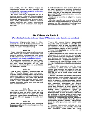 53
caso, porém, não tive chance porque ela
rapidamente entrou em um elevador com
porta aberta, e começou a apertar botões com
um óbvio senso de alegria.
Eu entrei com ela no momento em que a
porta se fechou, e nós dois ficamos naquele
elevador pelos próximos 10 minutos. Subimos,
descemos, paramos, abrimos a porta, fecha-
mos a porta, e testamos o medo de todos os
modos possíveis. Ela estava inteiramente
relaxada...sem medo qualquer...nem sequer
um traço.
O medo de toda vida tinha sumido. Mais uma
vez tive o privilégio de entregar a alguém a
chave da libertação emocional...do mesmo
modo como eu fiz no caso dos veteranos da
guerra do Vietnã, e nos outros casos narrados
a você neste curso.
Você está a caminho de adquirir a mesma
habilidade.
Afim de expandir sua compreensão de EFT,
este curso inclui mais históricos de casos nos
vídeos e nos CD´s de áudio. Uma importante
descrição desses itens da Parte I segue...
Os Vídeos da Parte I
(Para fácil referência, todos os vídeos EFT também estão listados no apêndice)
Observação: Originalmente, havia 3 video-
cassetes na Parte I. Subseqüentemente, os
vídeos foram convertidos para CD`s (o que
reduziu os custos dramaticamente).
Vídeo 1a
Nesse vídeo Adrienne e eu complementamos
este manual por mostrar visualmente cada
ponto de batida, e como executar cada passo
da "Receita Básica". Neste segmento, partimos
da premissa que você já tenha lido o manual.
É muitíssimo importante que você acom-
panhe Adrienne e a mim nesse segmento, até
que você tenha aprendido de cor todo
processo de um minuto. Uma vez aprendido de
cor, é seu para sempre.
Vídeo 1b
Esta é uma completa demonstração da
inteira "Receita Básica" com um simpa-
ticíssimo senhor chamado Dave, com a qual o
ajudamos a superar um intenso medo de água
que o acompanhava por toda vida. Estude
esse episódio. Assista e volte a assistir várias
vezes. É uma excelente sessão instrutiva,
porque demonstra muito bem como se deve
lidar com os aspectos.
Vídeo 2a
Este vídeo contém os pontos altos de um
workshop ao vivo, no qual a teoria por trás
EFT está sendo explicada, e depois disso, EFT
é aplicado a dois grupos de pessoas no palco.
Um grupo lida com medos, e ou outro com
dores.
Vídeo 2b
Neste vídeo lhe mostramos mais históricos
de casos de EFT, ao vivo. Aqui os pontos altos
do que você verá:
**Larry: Ele supera intensa claustrofobia
enquanto está submetido à situação que,
normalmente, seria a mais estressante para
ele...sentado no banco de trás de um pequeno
carro no pesado trânsito de San Francisco.
** Pam: Uma chocólatra que se livra de seu
desejo de chocolate.
** Becci: Seu medo de ratos faz com que suas
mãos suem só ao pensar em um camundongo.
Acaba com um rato vivo lambendo a ponta de
seus dedos, e ela dizendo "Não acredito que
estou fazendo isso... Eu estou fazendo isso."
** Adam: Este é meu filho que utiliza EFT, e
consegue reduzir em 14 tacadas seu score no
golfe.
** Cheryl: Ela comparece a um dos meus
workshops e relata como ela utilizou EFT
comigo para combater seu medo de falar em
público. Nossa sessão original tivera lugar há
mais de um ano e desde então nunca mais
teve medo.
** Jackie: Ela sofreu um acidente há mais de
10 anos que a deixou incapaz de levantar seu
braço por mais de alguns centímetros sem
sentir fortes dores em suas espáduas. Ela fora
tratada por numerosos médicos e terapeutas
sem resultados apreciáveis. Em poucos
minutos no palco ela obtém alívio completo
desse seu problema, e pode levantar seu
braço sozinha sem sentir dor. Esta sessão
mostra nossa conversação depois de
workshop, na qual discutimos esse "milagre".
** Cindy: Como no caso de Jackie, Cindy teve
um acidente há 3 anos, e não foi mais capaz
de levantar o braço sem fortes dores. Ela
também se consultou com muitos médicos e
terapeutas, sem ter obtido alívio. Em poucos
minutos com a prática de EFT , ela levanta o
braço tão alto que pôde, sem sentir coisa
alguma.
** Veronica: Mostra estar sentindo um forte
desejo por cigarro, e, em seguida, utiliza EFT
para eliminá-lo. Então passa por fortes
 