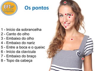 Os pontos 
1 - Início da sobrancelha 
2 - Canto do olho 
3 - Embaixo do olho 
4 - Embaixo do nariz 
5 - Entre a boca e o queixo 
6 - Início da clavícula 
7 - Embaixo do braço 
8 - Topo da cabeça 
 