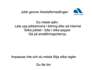 Jobb genom Arbetsförmedlingen
Anpassas inte och du måste följa olika regler
Du får lön
Du måste själv:
Leta upp jobbannons i tidning eller på internet
Söka jobbet - fylla i olika papper
Gå på anställningsintervju
 