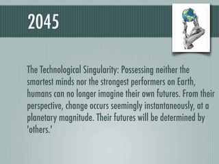2045

The Technological Singularity: Possessing neither the
smartest minds nor the strongest performers on Earth,
humans can no longer imagine their own futures. From their
perspective, change occurs seemingly instantaneously, at a
planetary magnitude. Their futures will be determined by
'others.'
 