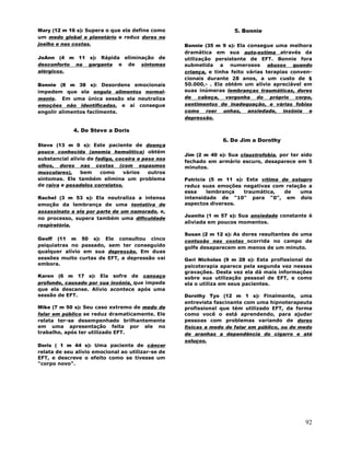 92
Mary (12 m 16 s): Supera o que ela define como
um medo global e planetário e reduz dores no
joelho e nas costas.
JoAnn (4 m 11 s): Rápida eliminação de
desconforto na garganta e de sintomas
alérgicos.
Bonnie (8 m 38 s): Desordens emocionais
impedem que ela engula alimentos normal-
mente. Em uma única sessão ela neutraliza
emoções não identificadas, e ai consegue
engolir alimentos facilmente.
4. De Steve a Doris
Steve (13 m 0 s): Este paciente de doença
pouco conhecida (anemia hemolítica) obtém
substancial alívio de fadiga, coceira e peso nos
olhos, dores nas costas (com espasmos
musculares), bem como vários outros
sintomas. Ele também elimina um problema
de raiva e pesadelos correlatos.
Rachel (3 m 53 s): Ela neutraliza a intensa
emoção da lembrança de uma tentativa de
assassinato a ela por parte de um namorado, e,
no processo, supera também uma dificuldade
respiratória.
Geoff (11 m 50 s): Ele consultou cinco
psiquiatras no passado, sem ter conseguido
qualquer alívio em sua depressão. Em duas
sessões muito curtas de EFT, a depressão vai
embora.
Karen (6 m 17 s): Ela sofre de cansaço
profundo, causado por sua insônia, que impede
que ela descanse. Alívio acontece após uma
sessão de EFT.
Mike (7 m 50 s): Seu caso extremo de medo de
falar em público se reduz dramaticamente. Ele
relata ter-se desempenhado brilhantemente
em uma apresentação feita por ele no
trabalho, após ter utilizado EFT.
Doris ( 1 m 44 s): Uma paciente de câncer
relata de seu alívio emocional ao utilizar-se de
EFT, e descreve o efeito como se tivesse um
"corpo novo".
5. Bonnie
Bonnie (35 m 9 s): Ela consegue uma melhora
dramática em sua auto-estima através da
utilização persistente de EFT. Bonnie fora
submetida a numerosos abusos quando
criança, e tinha feito várias terapias conven-
cionais durante 28 anos, a um custo de $
50.000,- . Ela obtém um alívio apreciável em
suas inúmeras lembranças traumáticas, dores
de cabeça, vergonha do próprio corpo,
sentimentos de inadequação, e várias fobias
como roer unhas, ansiedade, insônia e
depressão.
6. De Jim a Dorothy
Jim (2 m 40 s): Sua claustrofobia, por ter sido
fechado em armário escuro, desaparece em 5
minutos.
Patricia (5 m 11 s): Esta vítima de estupro
reduz suas emoções negativas com relação a
essa lembrança traumática, de uma
intensidade de "10" para "0", em dois
aspectos diversos.
Juanita (1 m 57 s): Sua ansiedade constante é
aliviada em poucos momentos.
Susan (2 m 12 s): As dores resultantes de uma
contusão nas costas ocorrida no campo de
golfe desaparecem em menos de um minuto.
Geri Nicholas (9 m 28 s): Esta profissional de
psicoterapia aparece pela segunda vez nessas
gravações. Desta vez ela dá mais informações
sobre sua utilização pessoal de EFT, e como
ela o utiliza em seus pacientes.
Dorothy Tyo (12 m 1 s): Finalmente, uma
entrevista fascinante com uma hipnoterapeuta
profissional que tém utilizado EFT, da forma
como você o está aprendendo, para ajudar
pessoas com problemas variando de dores
físicas a medo de falar em público, ou de medo
de aranhas a dependência do cigarro e até
soluços.
 