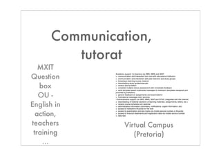 Communication,
         tutorat
   MXIT
Question
              Academic support for learners via SMS, MMS and WAP:
              o communication and interaction from and with educational institution
              o communication and interaction with peer learners and study groups
              o browsing e-learning course material


   box
              o downloading study guides/manuals
              o receive tutorial letters
              o complete multiple choice assessment with immediate feedback
              o send template based multimedia messages to institution (templates designed and


   OU -
              provided by institution)
              o generic feedback on assignments and examinations
              o motivational messages tutor services
              • Administrative support via SMS, MMS, WAP and EPSS, integrated with the Internet:


English in
              o downloading of material (sections of learning materials, assignments, letters, etc.)
              o receive course schedule and calendar
              o administrative information (reminders, notiﬁcations, urgent information, etc)
              o access to institutions M-portal on the web


  action,
              o access to examination and test marks via mobile service number or M-portal
              o access to ﬁnancial statements and registration data via mobile service number
              o daily tips



teachers                Virtual Campus
 training                  (Pretoria)
    ...
 