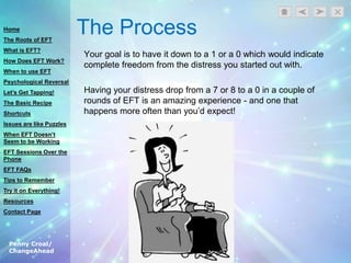 Penny Croal/
ChangeAhead
The Process
Your goal is to have it down to a 1 or a 0 which would indicate
complete freedom from the distress you started out with.
Having your distress drop from a 7 or 8 to a 0 in a couple of
rounds of EFT is an amazing experience - and one that
happens more often than you‟d expect!
Home
The Roots of EFT
What is EFT?
How Does EFT Work?
When to use EFT
Psychological Reversal
Let’s Get Tapping!
The Basic Recipe
Shortcuts
Issues are like Puzzles
When EFT Doesn’t
Seem to be Working
EFT Sessions Over the
Phone
EFT FAQs
Tips to Remember
Try it on Everything!
Resources
Contact Page
 