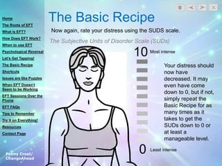 Penny Croal/
ChangeAhead
The Basic Recipe
Now again, rate your distress using the SUDS scale.
Your distress should
now have
decreased. It may
even have come
down to 0, but if not,
simply repeat the
Basic Recipe for as
many times as it
takes to get the
SUDs down to 0 or
at least a
manageable level.
Home
The Roots of EFT
What is EFT?
How Does EFT Work?
When to use EFT
Psychological Reversal
Let’s Get Tapping!
The Basic Recipe
Shortcuts
Issues are like Puzzles
When EFT Doesn’t
Seem to be Working
EFT Sessions Over the
Phone
EFT FAQs
Tips to Remember
Try it on Everything!
Resources
Contact Page
 
