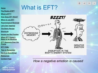 Penny Croal/
ChangeAhead
What is EFT?
How a negative emotion is caused
Home
The Roots of EFT
What is EFT?
How Does EFT Work?
When to use EFT
Psychological Reversal
Let’s Get Tapping!
The Basic Recipe
Shortcuts
Issues are like Puzzles
When EFT Doesn’t
Seem to be Working
EFT Sessions Over the
Phone
EFT FAQs
Tips to Remember
Try it on Everything!
Resources
Contact Page
 