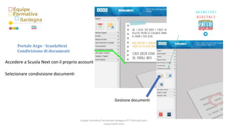 Accedere a Scuola Next con il proprio account
Selezionare condivisione documenti
Portale Argo - ScuolaNext
Condivisione di documenti
Gestione documenti
Equipe Formativa Territoriale Sardegna EFT Prof.sseCocco-
Cossu-Falchi-Ortu
 