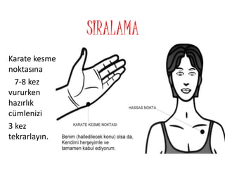 SIRALAMA
Karate kesme
noktasına
7-8 kez
vururken
hazırlık
cümlenizi
3 kez
tekrarlayın.
 