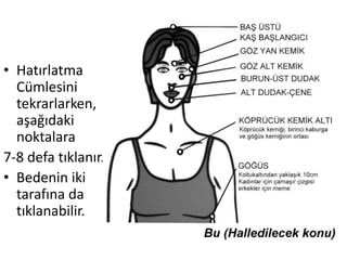 • Hatırlatma
Cümlesini
tekrarlarken,
aşağıdaki
noktalara
7-8 defa tıklanır.
• Bedenin iki
tarafına da
tıklanabilir.
 