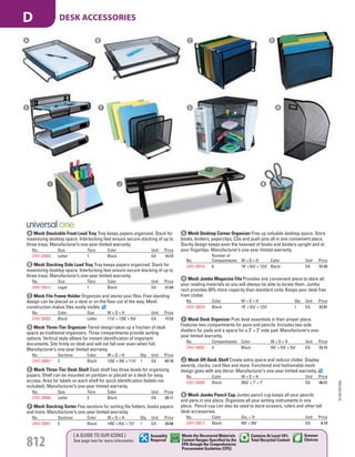 A Mesh Stackable Front Load Tray Tray keeps papers organized. Stack for
maximizing desktop space. Interlocking feet ensure secure stacking of up to
three trays. Manufacturer’s one-year limited warranty.
No. Size Tiers Color Unit Price
UNV-20004 Letter 1 Black EA 14.73
B Mesh Stacking Side Load Tray Tray keeps papers organized. Stack for
maximizing desktop space. Interlocking feet ensure secure stacking of up to
three trays. Manufacturer’s one-year limited warranty.
No. Size Tiers Color Unit Price
UNV-20012 Legal 1 Black EA 21.04
C Mesh File Frame Holder Organizes and stores your files. Free standing
design can be placed on a desk or on the floor out of the way. Mesh
construction makes files easily visible.
No. Color Size W × D × H Unit Price
UNV-20003 Black Letter 111
/4" × 123
/8" × 91
/4" EA 17.23
D Mesh Three-Tier Organizer Tiered design takes up a fraction of desk
space as traditional organizers. Three compartments provide sorting
options. Vertical style allows for instant identification of important
documents. Sits firmly on desk and will not fall over even when full.
Manufacturer’s one-year limited warranty.
No. Sections Color W × D × H Qty. Unit Price
UNV-20007 3 Black 125
/8" × 35
/8" × 111
/2" 1 EA 42.10
E Mesh Three-Tier Desk Shelf Desk shelf has three levels for organizing
papers. Shelf can be mounted on partition or placed on a desk for easy
access. Area for labels on each shelf for quick identification (labels not
included). Manufacturer’s one-year limited warranty.
No. Size Tiers Color Unit Price
UNV-20006 Letter 3 Black EA 26.11
F Mesh Stacking Sorter Five sections for sorting file folders, books papers
and more. Manufacturer’s one-year limited warranty.
No. Sections Color W × D × H Qty. Unit Price
UNV-20001 5 Black 145
/8" × 81
/8" × 71
/2" 1 EA 29.48
G Mesh Desktop Corner Organizer Free up valuable desktop space. Store
books, binders, paperclips, CDs and push pins all in one convenient place.
Sturdy design keeps even the heaviest of books and binders upright and at
your fingertips. Manufacturer’s one-year limited warranty.
No.
Number of
Compartments W × D × H Color Unit Price
UNV-20016 6 10" × 61
/4" × 121
/2" Black EA 57.20
H Mesh Jumbo Magazine File Provides one convenient place to store all
your reading materials so you will always be able to locate them. Jumbo
rack provides 50% more capacity than standard units. Keeps your desk free
from clutter.
No. Color W × D × H Qty. Unit Price
UNV-20010 Black 10" × 61
/4" × 121
/2" 1 EA 22.81
I Mesh Desk Organizer Puts desk essentials in their proper place.
Features two compartments for pens and pencils. Includes two side
dividers for pads and a space for a 3" × 3" note pad. Manufacturer’s one-
year limited warranty.
No. Compartments Color W × D × H Unit Price
UNV-20002 4 Black 53
/4" × 51
/8" × 51
/8" EA 23.15
A B C D
E F G H
I
J Mesh Off-Desk Shelf Create extra space and reduce clutter. Display
awards, clocks, card files and more. Functional and fashionable mesh
design goes with any décor. Manufacturer’s one-year limited warranty.
No. Color W × D × H Unit Price
UNV-20009 Black 261
/8" × 7" × 7" EA 46.31
K Mesh Jumbo Pencil Cup Jumbo pencil cup keeps all your pencils
and pens in one place. Organizes all your writing instruments in one
place. Pencil cup can also be used to store scissors, rulers and other tall
desk accessories.
No. Color Dia. × H Unit Price
UNV-20013 Black 43
/8" × 53
/8" EA 8.10
J K
15-GV-GV-EGL
812
[ A GUIDE TO OUR ICONS ]
See page two for more information
Greener
Choices
Assembly
Required
Contains At Least 10%
Total Recycled Content
Meets the Recovered Materials
Content Ranges Specified by the
EPA through the Comprehensive
Procurement Guideline (CPG)
DESK ACCESSORIESD
Job Name USSR18679 Everything for the Workplace
DISTRIBUTION LIST
File Name USSR18679_P3_GOVERNMENT_F0812_C0792
Proof Date October 1, 2014 3:25 PM PAGE CONTROL
Page Info BLEED +0p9 TRIM 8.0625 × 10.375
P3
GOVERNMENT812
◊ Pricing
0792
PE:DP
PM:KS
SIG
Z
•••
USSR18679_P3_GOVERNMENT_F0812_C0792.indd 812 10/1/14 3:24 PM
 