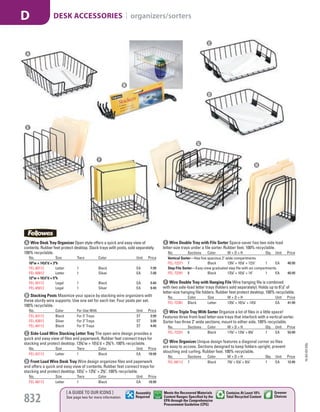 B Stacking Posts Maximize your space by stacking wire organizers with
these sturdy wire supports. Use one set for each tier. Four posts per set.
100% recyclable.
No. Color For Use With Unit Price
FEL-63112 Black For 3" Trays ST 3.99
FEL-63012 Silver For 3" Trays ST 3.99
FEL-64112 Black For 5" Trays ST 4.49
C Side-Load Wire Stacking Letter Tray The open wire design provides a
quick and easy view of files and paperwork. Rubber feet connect trays for
stacking and protect desktop. 133
/8"w × 101
/8"d × 25
/8"h. 100% recyclable.
No. Size Tiers Color Unit Price
FEL-62112 Letter 1 Black EA 10.99
D Front Load Wire Desk Tray Wire design organizes files and paperwork
and offers a quick and easy view of contents. Rubber feet connect trays for
stacking and protect desktop. 107
/8" × 125
/8" × 25
/8". 100% recyclable.
No. Size Tiers Color Unit Price
FEL-66112 Letter 1 Black EA 10.99
E Wire Double Tray with File Sorter Space-saver has two side load
letter-size trays under a file sorter. Rubber feet. 100% recyclable.
No. Sections Color W × D × H Qty. Unit Price
Vertical Sorter—Has five spacious 2" wide compartments.
FEL-72371 7 Black 133
/4" × 101
/8" × 121
/2" 1 EA 40.99
Step File Sorter—Easy-view graduated step file with six compartments.
FEL-72391 8 Black 137
/8" × 101
/8" × 14" 1 EA 40.99
F Wire Double Tray with Hanging File Wire hanging file is combined
with two side-load letter trays (folders sold separately). Holds up to 61
/2" of
letter-size hanging file folders. Rubber feet protect desktop. 100% recyclable.
No. Color Size W × D × H Unit Price
FEL-72381 Black Letter 135
/8" × 101
/16" × 147
/8" EA 41.99
G Wire Triple Tray With Sorter Organize a lot of files in a little space!
Features three front-load letter-size trays that interlock with a vertical sorter.
Sorter has three 2" wide sections; mount to either side. 100% recyclable.
No. Sections Color W × D × H Qty. Unit Price
FEL-72331 6 Black 173
/4" × 125
/8" × 83
/8" 1 EA 53.99
H Wire Organizer Unique design features a diagonal corner so files
are easy to access. Sections designed to keep folders upright, prevent
slouching and curling. Rubber feet. 100% recyclable.
No. Sections Color W × D × H Qty. Unit Price
FEL-68112 7 Black 73
/8" × 57
/8" × 81
/4" 1 EA 12.49
A Wire Desk Tray Organizer Open style offers a quick and easy view of
contents. Rubber feet protect desktop. Stack trays with posts, sold separately.
100% recyclable.
No. Size Tiers Color Unit Price
10"w × 141
/8"d × 3"h
FEL-60112 Letter 1 Black EA 7.99
FEL-60012 Letter 1 Silver EA 7.99
12"w × 161
/2"d × 5"h
FEL-65112 Legal 1 Black EA 9.49
FEL-65012 Legal 1 Silver EA 9.49
H
A
B
C
D
E
F
G
15-GV-GV-EGL
832
[ A GUIDE TO OUR ICONS ]
See page two for more information
Greener
Choices
Assembly
Required
Contains At Least 10%
Total Recycled Content
Meets the Recovered Materials
Content Ranges Specified by the
EPA through the Comprehensive
Procurement Guideline (CPG)
DESK ACCESSORIES | organizers/sortersD
Job Name USSR18679 Everything for the Workplace
DISTRIBUTION LIST
File Name USSR18679_P3_GOVERNMENT_F0832_C0812
Proof Date October 6, 2014 1:46 PM PAGE CONTROL
Page Info BLEED +0p9 TRIM 8.0625 × 10.375
P3
GOVERNMENT832 0812
◊ Pricing
PE:DP
PM:KS
SIG
Z
•••
USSR18679_P3_GOVERNMENT_F0832_C0812.indd 832 10/6/14 1:46 PM
 