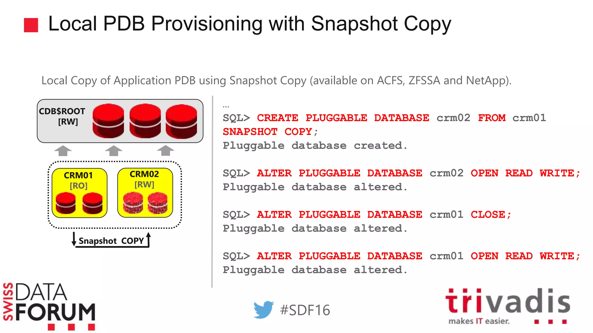 Local PDB Provisioning with Snapshot Copy
11
Source: Trivadis Course
Oracle 12c New Features
Source: Trivadis Course
Oracle 12c New Features
CDB$ROOT
[RW]
Local Copy of Application PDB using Snapshot Copy (available on ACFS, ZFSSA and NetApp).
…
SQL> CREATE PLUGGABLE DATABASE crm02 FROM crm01
SNAPSHOT COPY;
Pluggable database created.
SQL> ALTER PLUGGABLE DATABASE crm02 OPEN READ WRITE;
Pluggable database altered.
SQL> ALTER PLUGGABLE DATABASE crm01 CLOSE;
Pluggable database altered.
SQL> ALTER PLUGGABLE DATABASE crm01 OPEN READ WRITE;
Pluggable database altered.
CRM01
[RO]
CRM02
[RW]
Snapshot COPY
#SDF16
 
