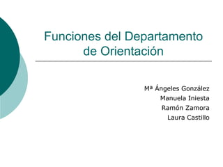Funciones del Departamento
      de Orientación

                Mª Ángeles González
                    Manuela Iniesta
                     Ramón Zamora
                      Laura Castillo
 